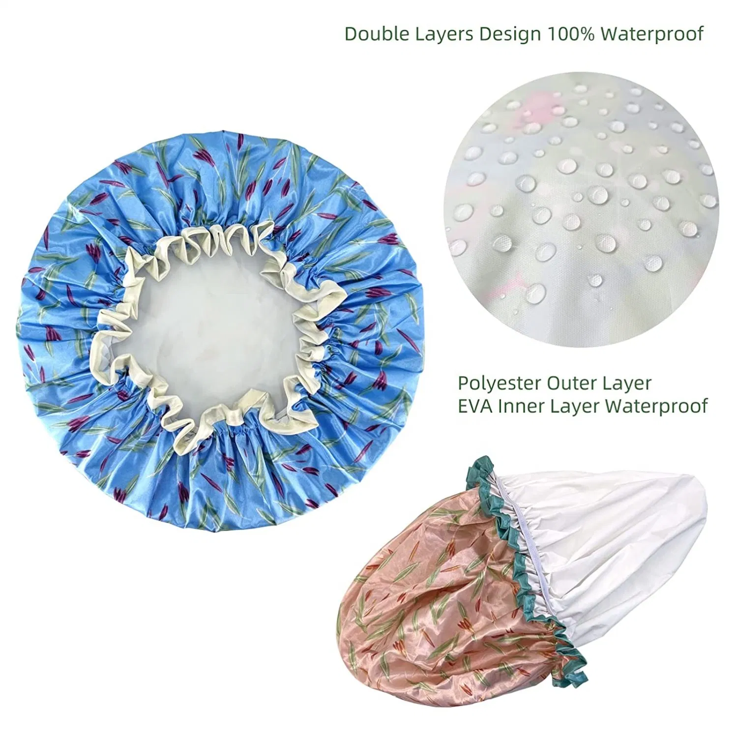 High Quality Satin Fabric Double Layer Water-Proof Reusable Shower Caps for Bathing