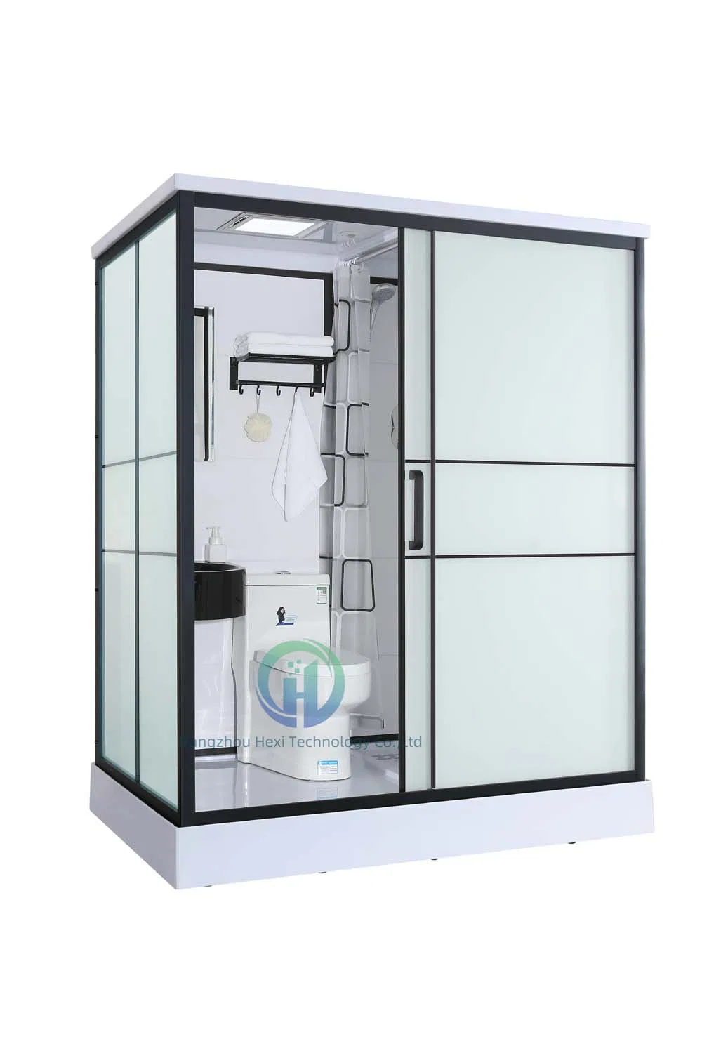 Prefab Bathroom Mobile Shower Room with Luxury Portable Shower Toilet, Frosted Tempered Glass One in All Portable Bathroom Modular Pods