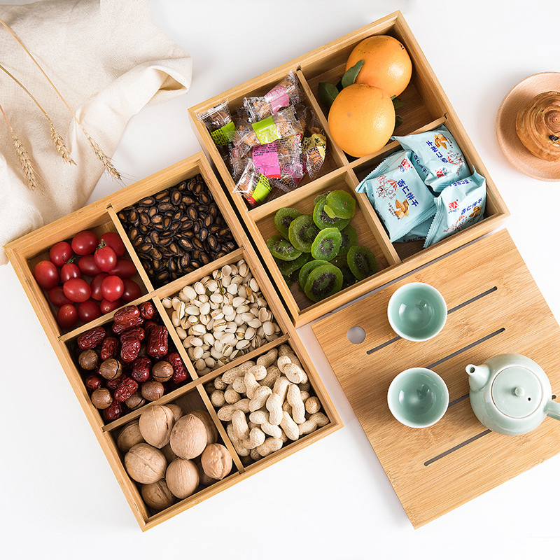 Wooden Snack Storage Box with Divider Lid for Candy and Dry Fruit