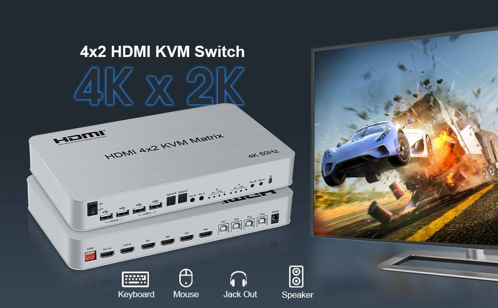 Custom 4X2 Matrix VGA DVI Display Port Kvm Switch USB 3.0 4K 60Hz, PC Keyboard Mouse Peripherals Sharing Box for 4 Computers