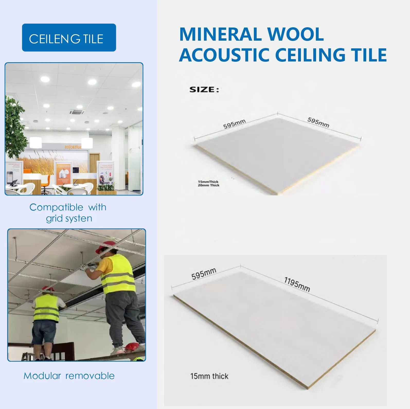 Sound-Absorbing Fiberglass Ceiling with Fireproof A2 Sag Resistance Rh99 Lr0.86
