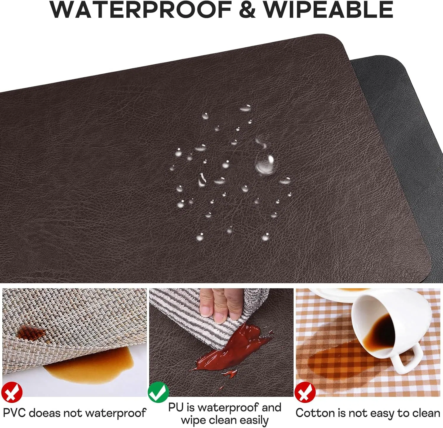 Faux Leather Placemats Set of 6 Table Mats Heat Resistant Reversible Place Mats, Waterproof Wipeable Dining Table Place Mats for Home Party Outdoor, 15.8 X 11.8