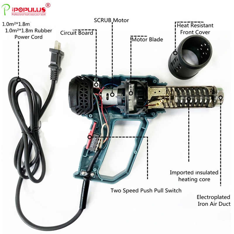 OEM 2000W Heat Gun Power Tools Hot Air Industrial Dual Temperature Electric Heat Gun with Nozzle