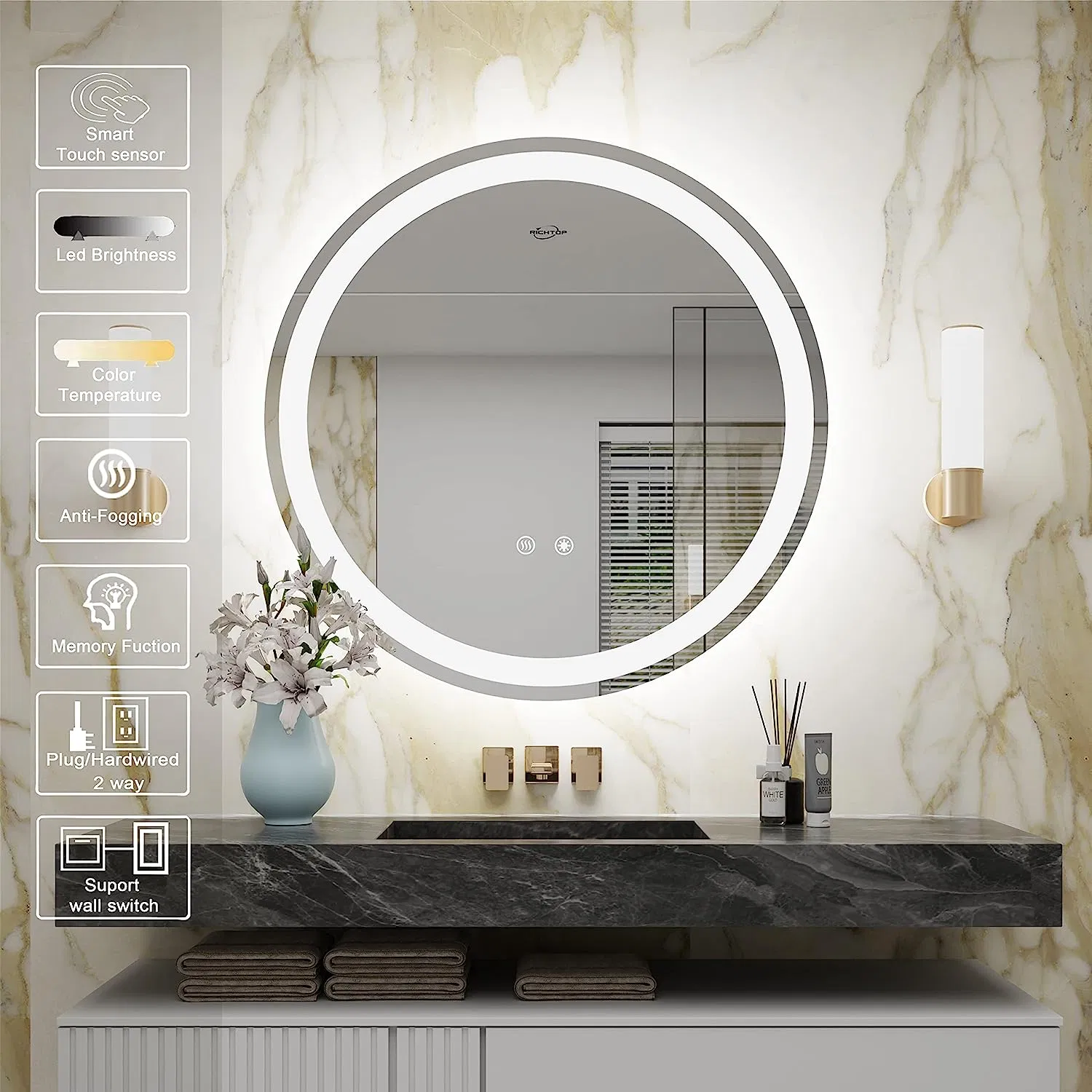 LED Bathroom Mirror with Lights Anti Fog Smart Round Bathroom Vanity Mirror 3 Color Dimmable Lighted Circle Mirror Backlit Light up Mirrors for Bathroom