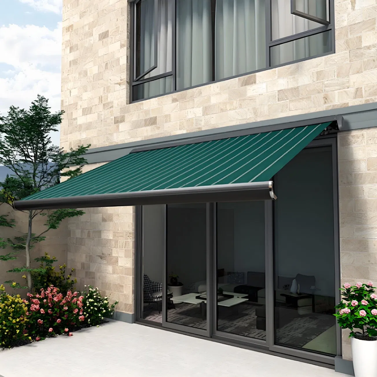 Balcony Electric Polyester Retractable Awning Full Cassette Awning Gazebo Umbrella Motorized Awning with LED Light