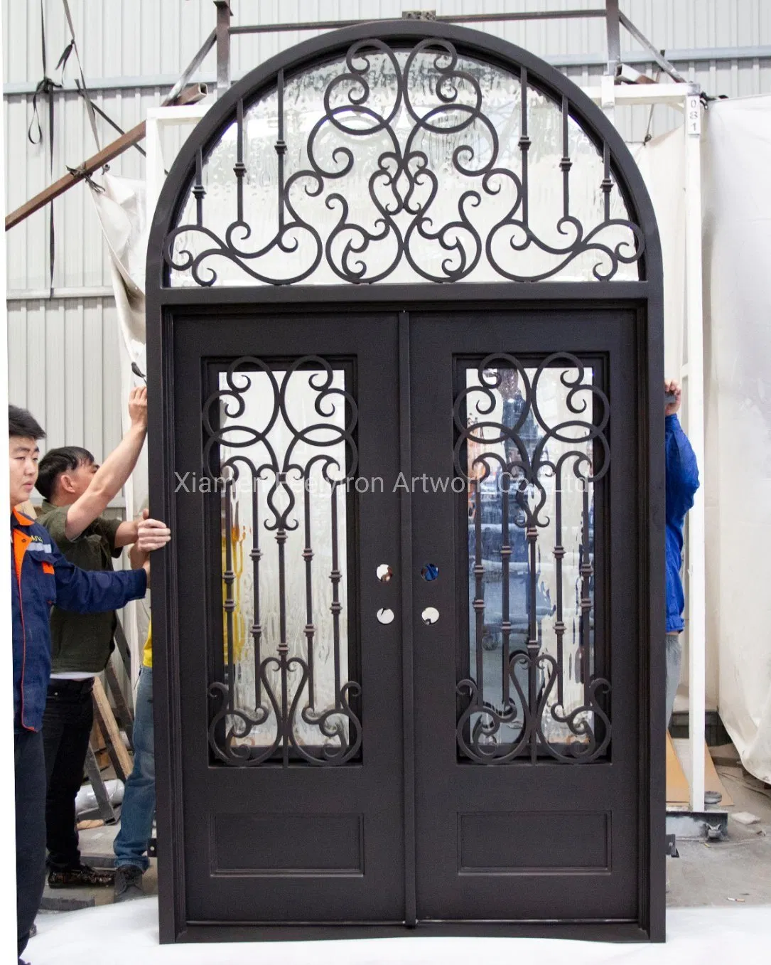 Custom New Design Arch Double Metal Entrance Wrought Iron Door with Transom