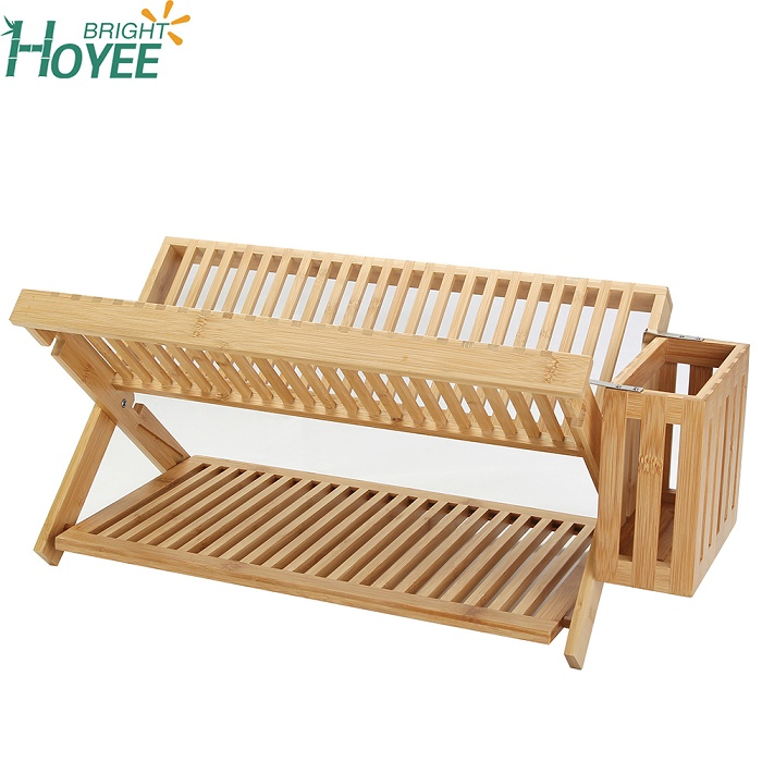 New Design X-Shaped Folding Double Bamboo Dish Rack with Utensils Holder