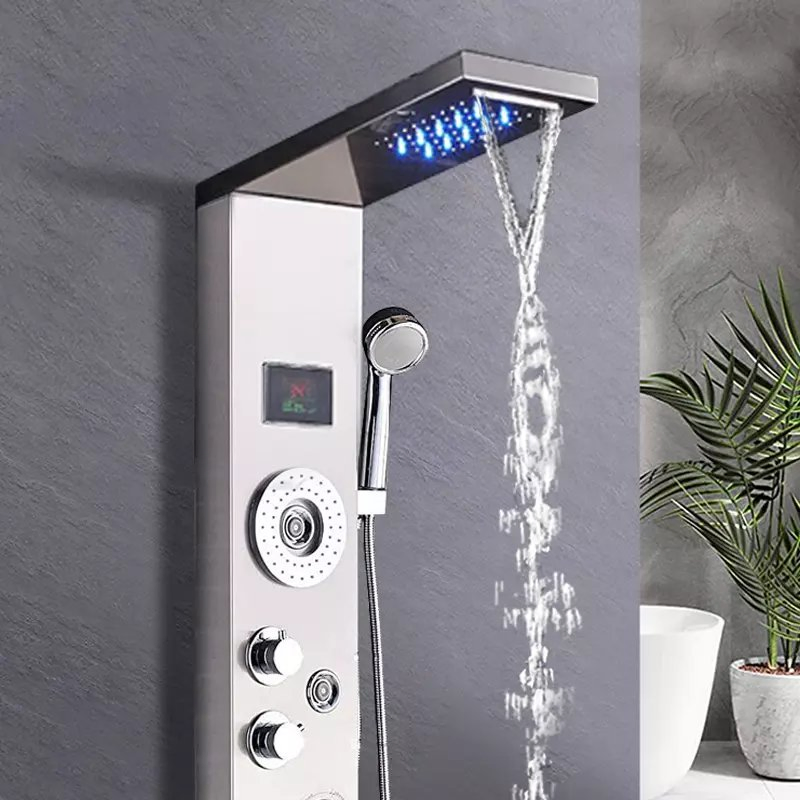 LED Shower Panel Bathroom Wall Mounted Stainless Steel Waterfall Brushed Shower Head Column Set Tower Massage Jets LED Shower Panels