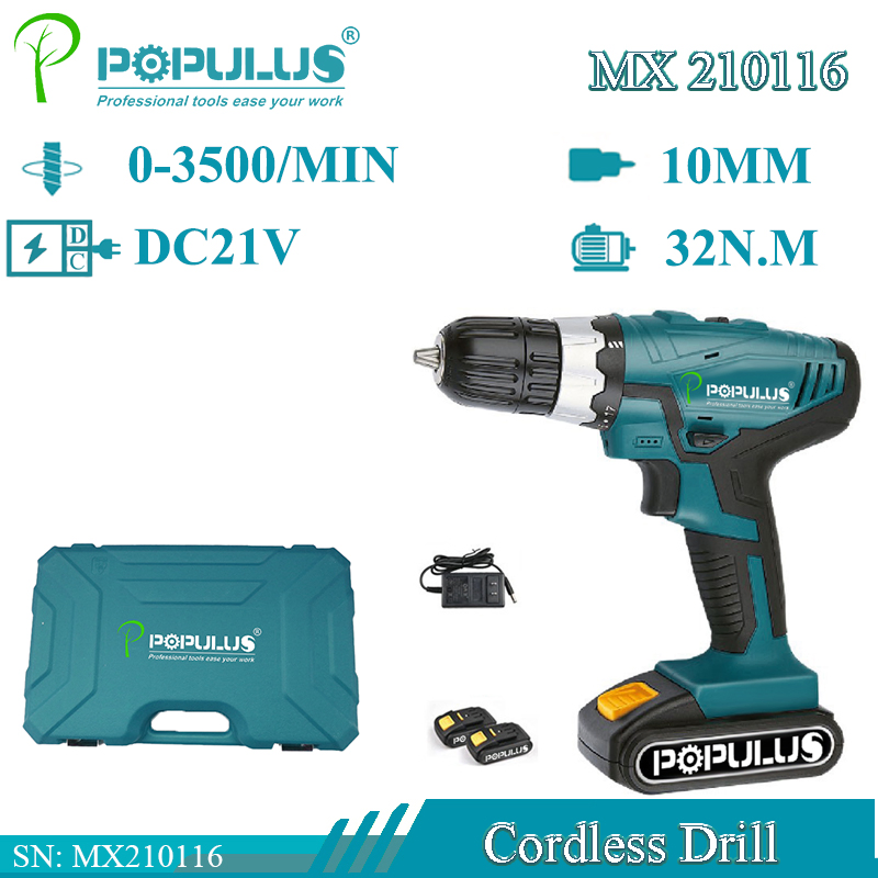 Аккумуляторная дрель Populus 21V, 2 скорости