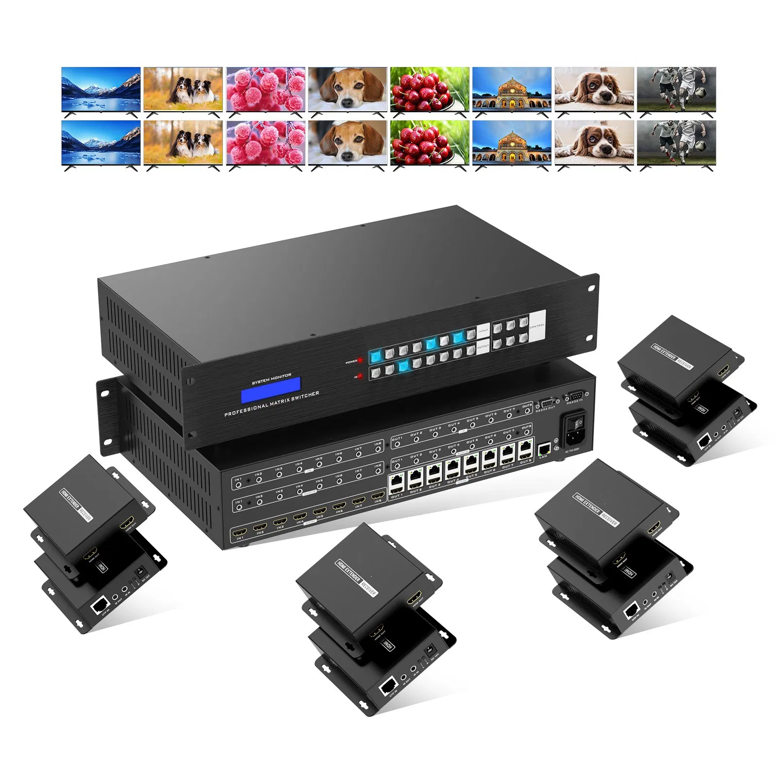 Custom 4K 60Hz 8X8 8X16 HDMI Matrix Over Ethernet + 8 Hdbaset Receivers, Available for 4X4 16X16 32X32 36X36 72X72