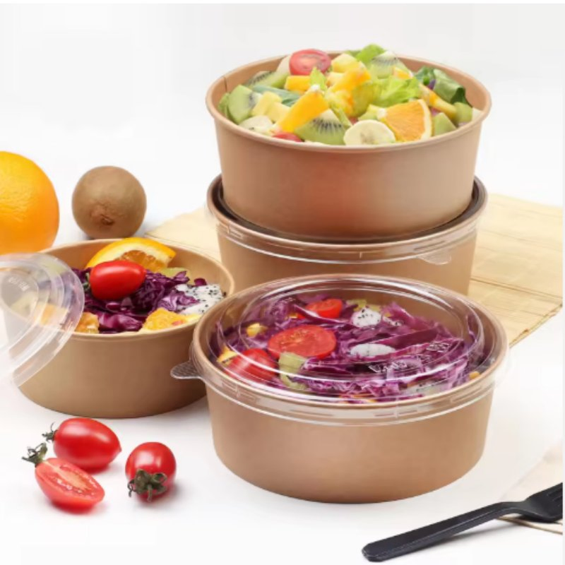 Disposable Take Away Kraft Paper Instant Noodle Containers Hot Soup Cups Salad Bowl with Lids