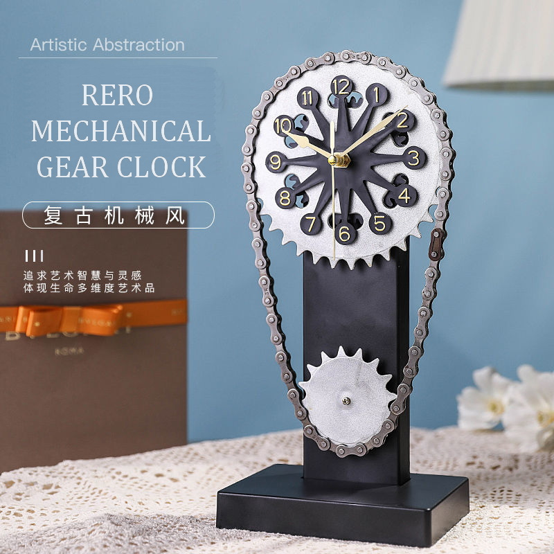 Vintage Rotating Gear Clock Antique Iron Chain Shaped Operated Tabletop Father's Day Gift