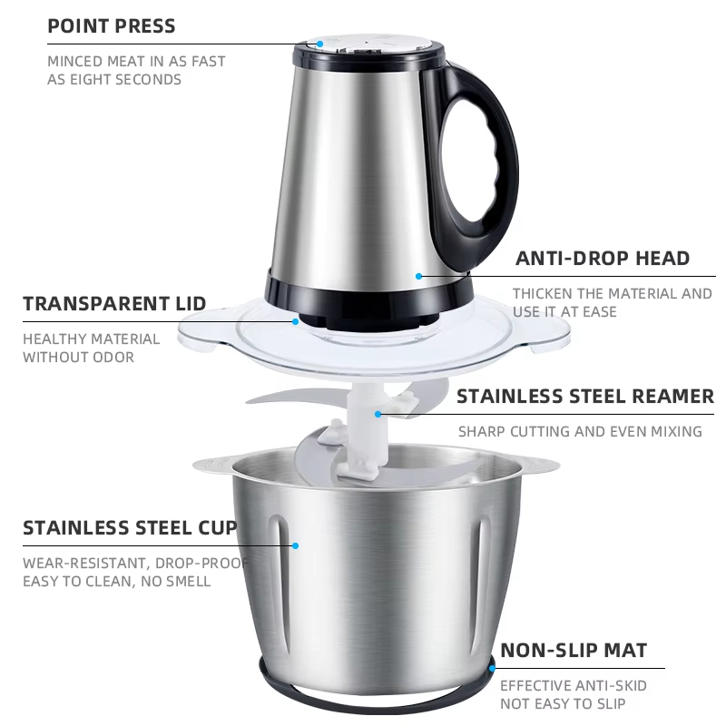 Small Best Meat Home Kitchen Chopper Food Grinders Stainless Steel Chopper Automatic 2L 3L Electric Meat Grinder for Sale