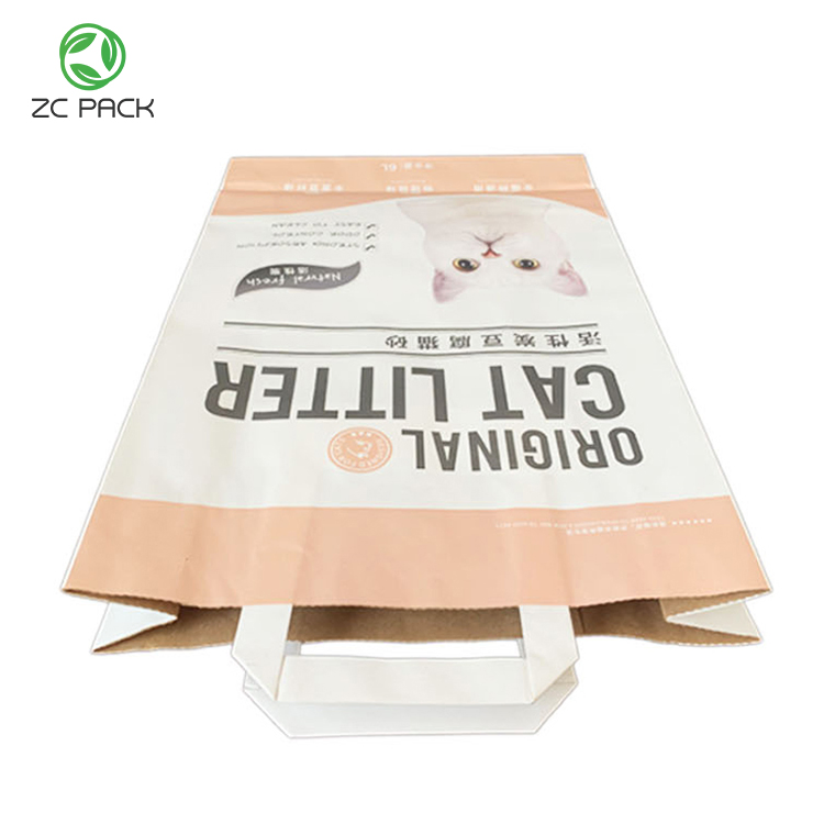 Biodegradable Reusable Food Grade Gift Garbage Promotional Shopping Paper Pouch Cat Litter Pet Food White Brown Kraft Paper Handle Bag Packaging Paper Bag