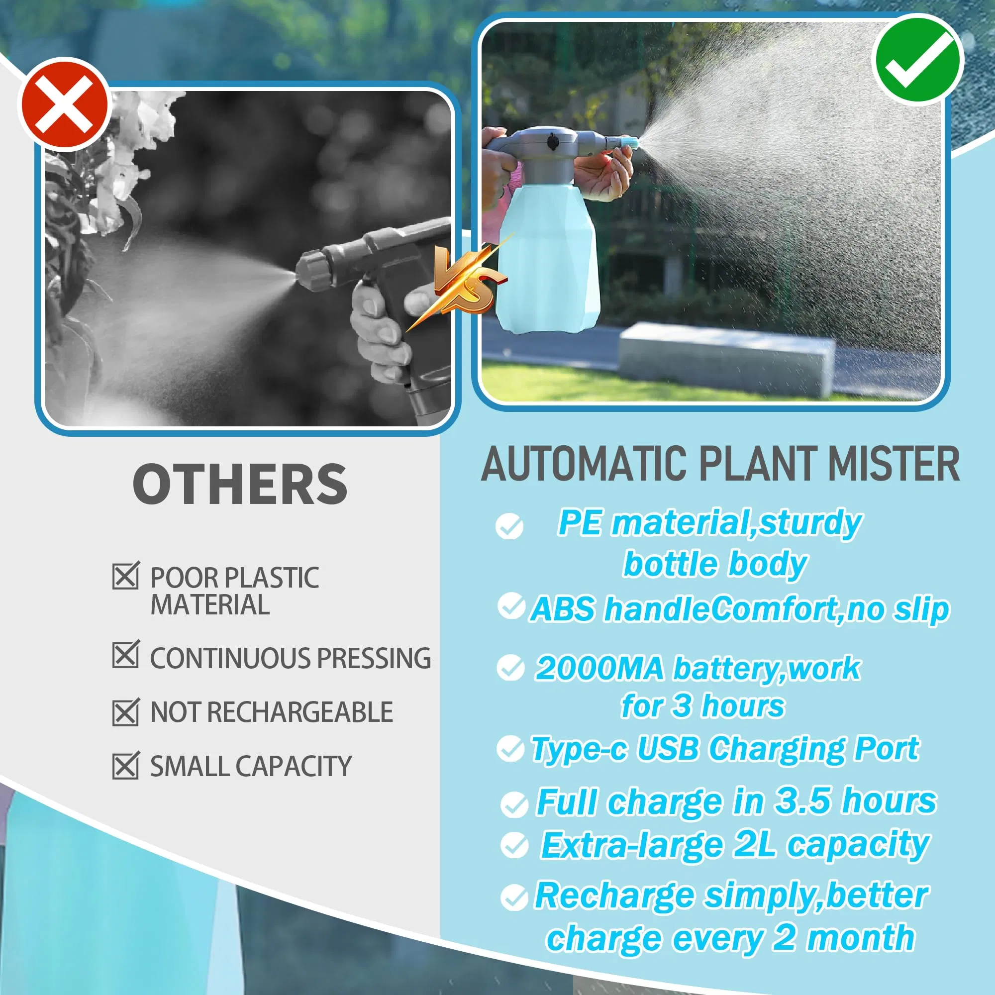Electric Sprayer Mister Plants Garden Rechargeable Automatic Plant Mister Spray Bottle