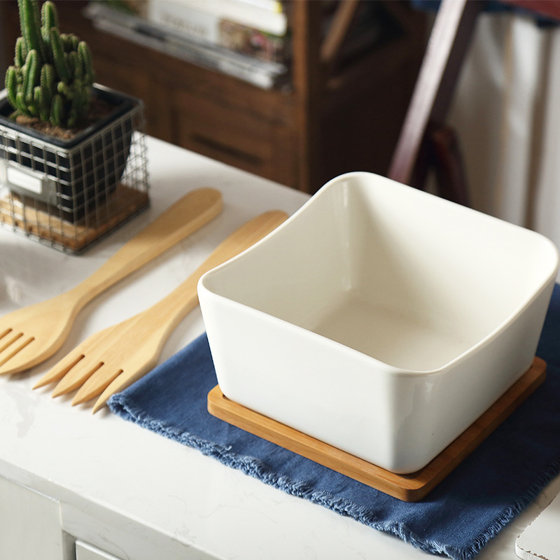 Elegant Square Large Ceramic Bowl Salad Bowl with Tray & Spoons