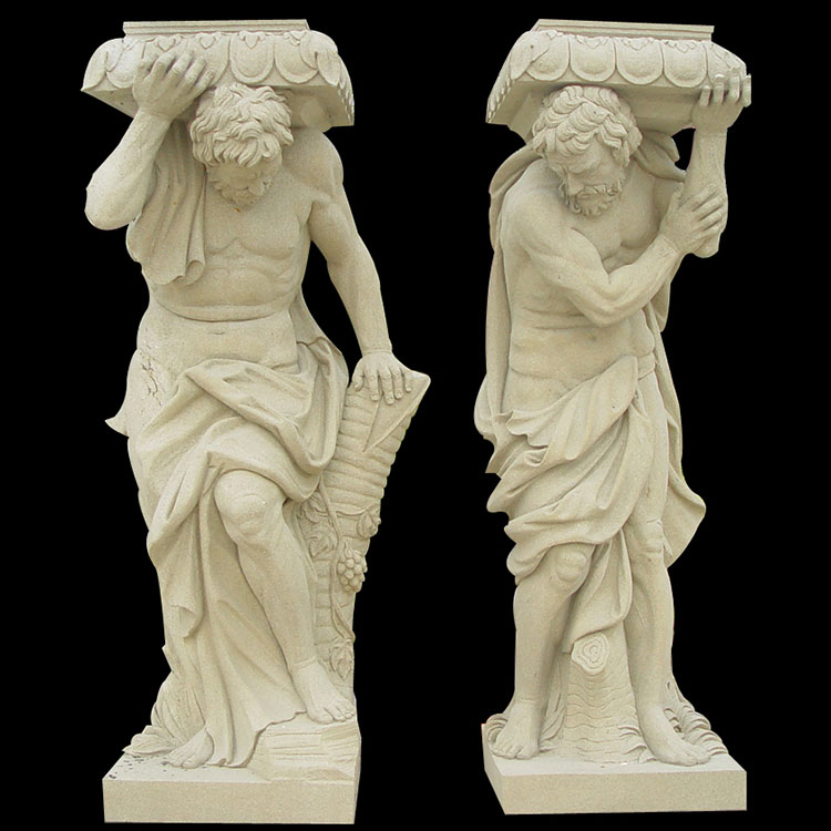 Square White Marble Pillar with Relief of Woman and Child