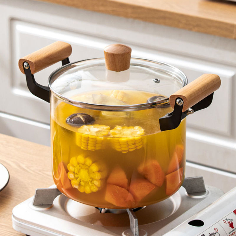 5L Heat-Resistant Glass Cooking Pot with Wooden Handle
