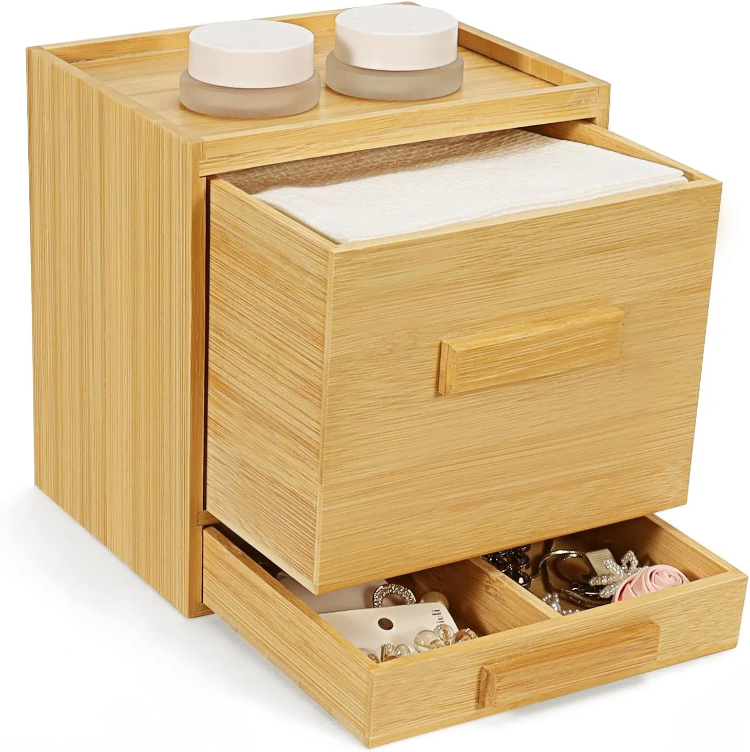 Bamboo Modern Minimalist Drawer Style Desktop Wash Towel Hair Accessory Storage Box
