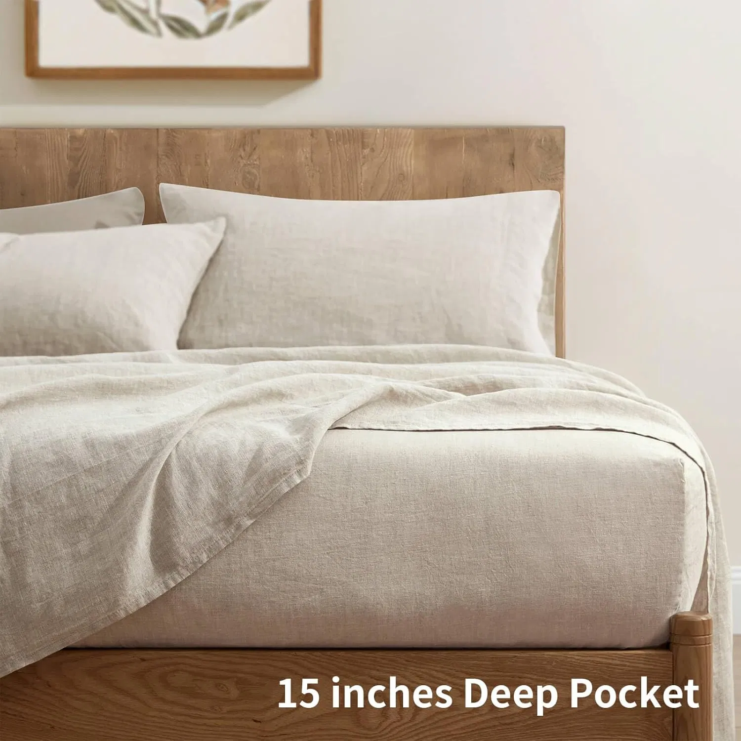 100% Pure Flax Linen Bedding Set - Stone Washed French Linen Fabric Deep Pocket Fitted Sheet Farmhouse Flat Sheet 2 Pillowcases (Natural, Queen)