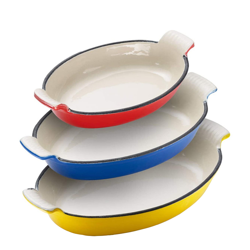 Customize Bakeware 15/20/30cm Enameled Fish Shaped Cast Iron Baking Pan Cookware and Bakeware Set