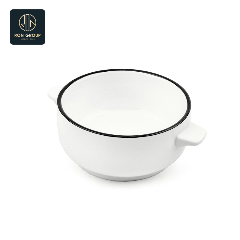 Traditional Dinner Cutlery Eco-Friendly Food Soup Ceramic Restaurant Bowl with 2 Ears