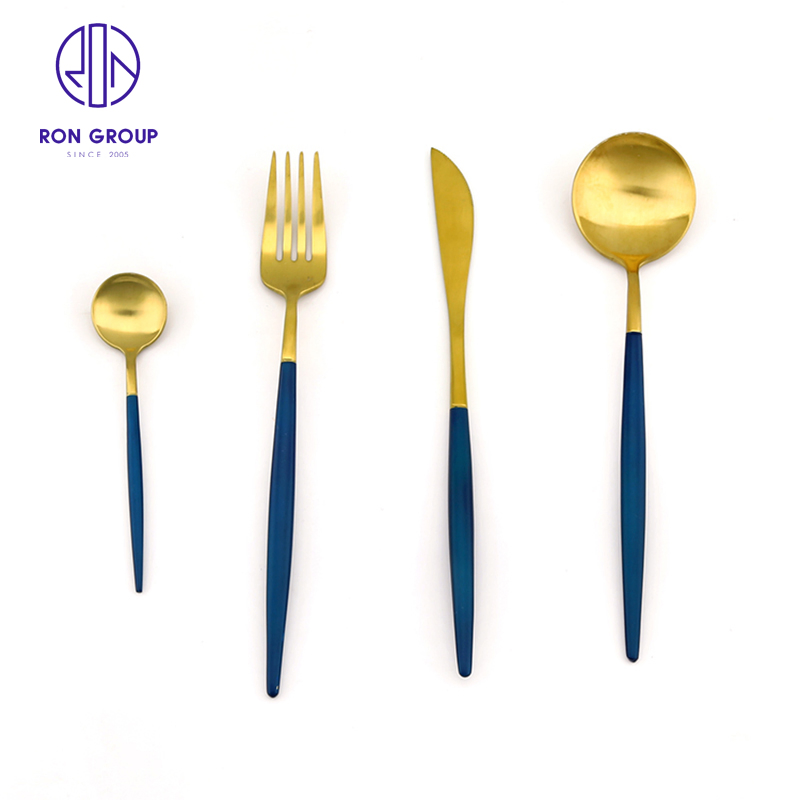Western Restaurant Hotel Kitchen Silverware Knife Spoon Fork Solid Blue Handle with Gold Flatware Stainless Steel Cutlery