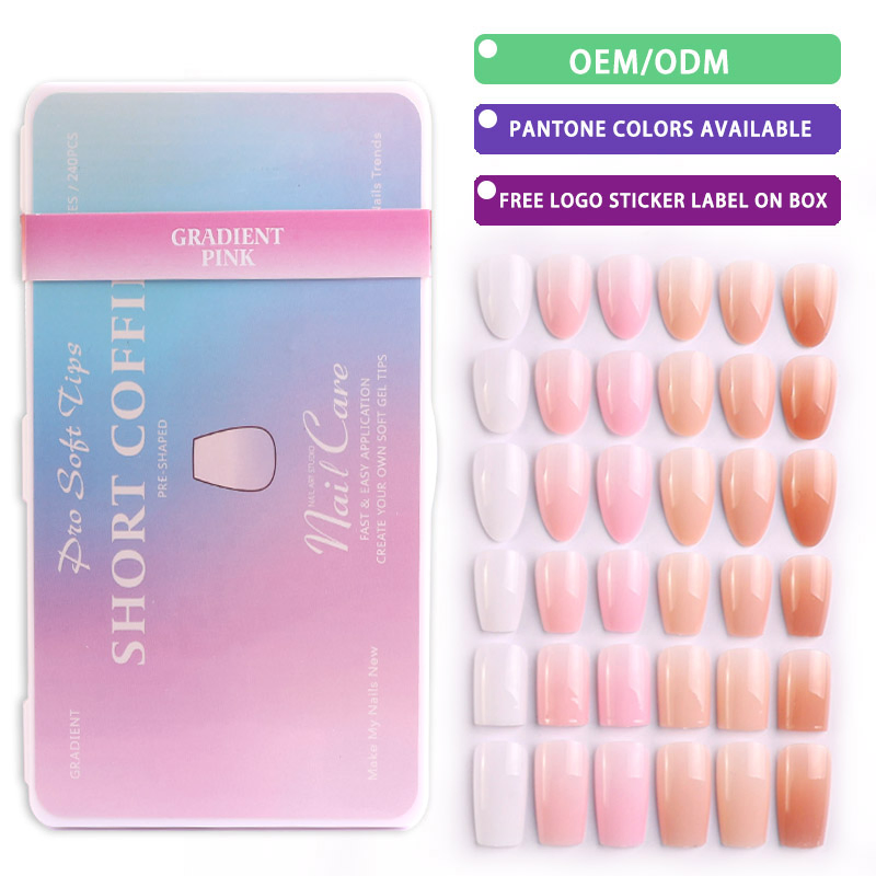 Nail Supplier Acrylic Acrylic Gradient Light Pink Short Coffin Fake Nail Tips for Beauty