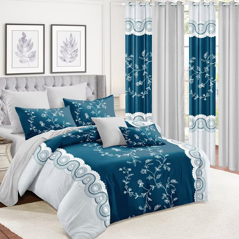 Custom Microfiber Home Textile Pillowcases Coverlets Comforter Quilt Duvet 6PCS Pillow Cases Blue Floral Print Bed Cover King Bedding Set Bed Sheets Bedspread