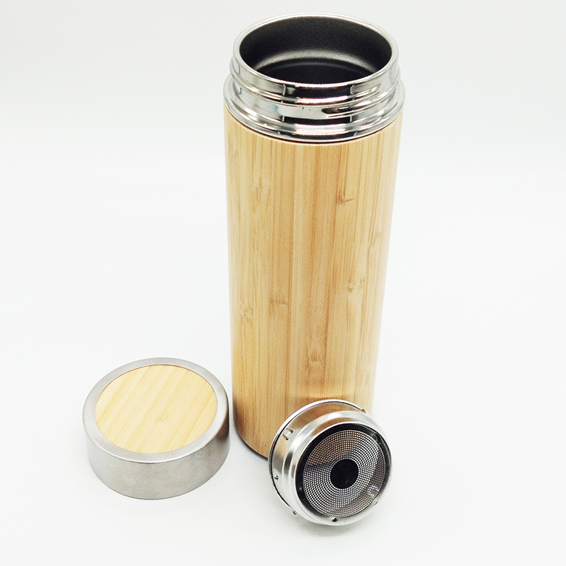 Personalized Bamboo Stainless Steel Thermal Mug Tumbler Water Bottle Vacuum Flask with Strainer