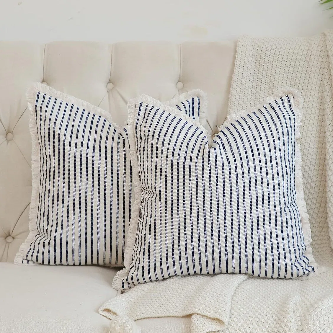 Home Decorative Farmhouse Pillowcase 18 X 18 Inch Striped Throw Pillow Covers with Fringe for Sofa Couch Bedroom