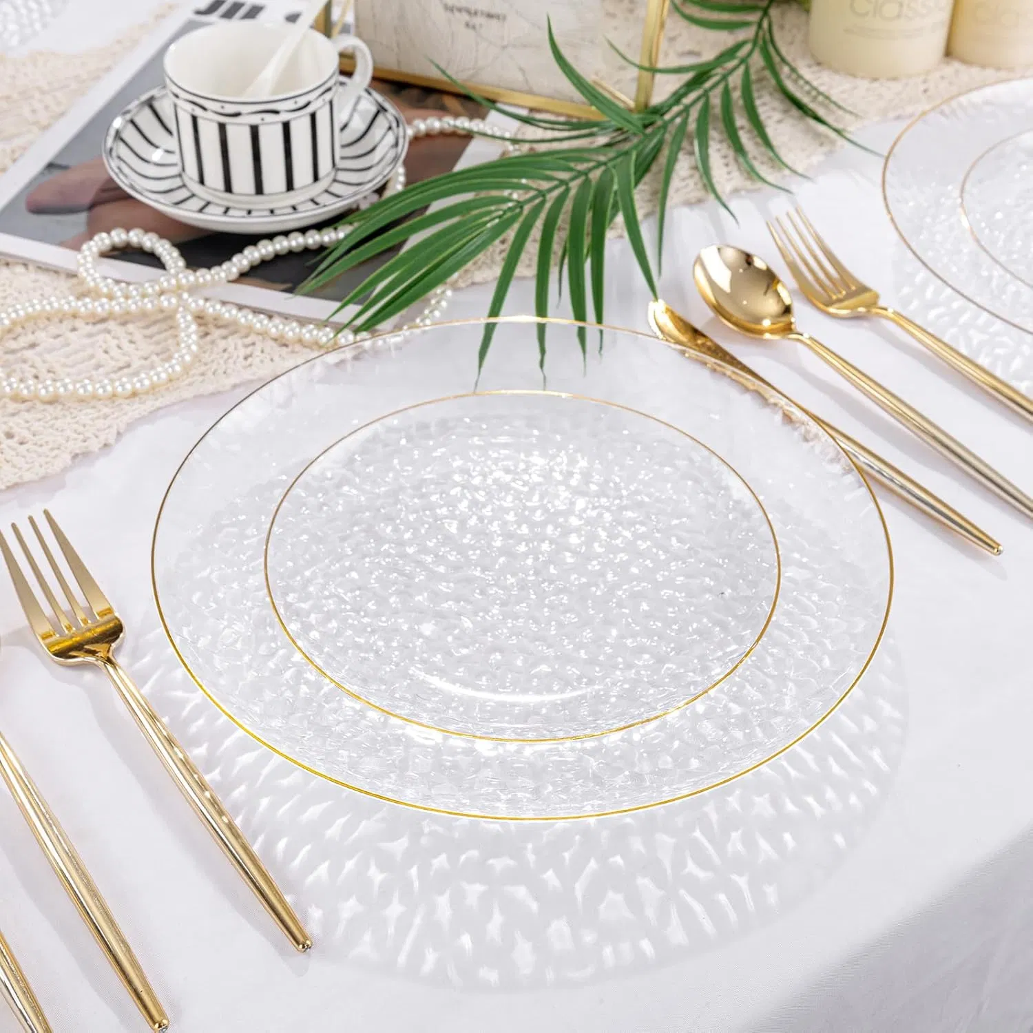 Clear Plastic Plates, Clear Disposable Plates with Gold Rim