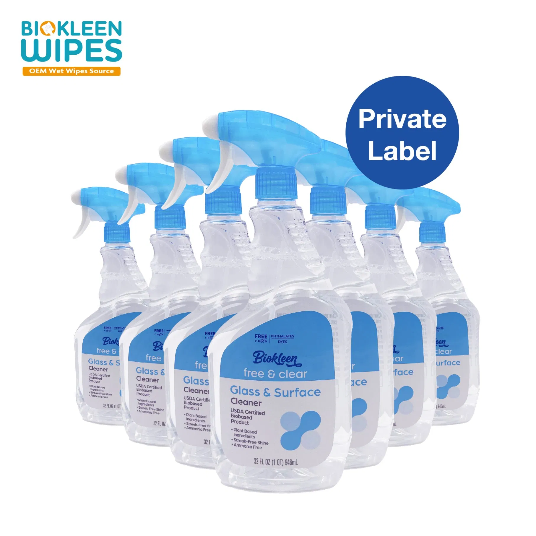 Biokleen Custom Factory Supply 946ml Streak Free Glass & Surface Cleaner for Mirrors Windows Kitchen Home and Auto
