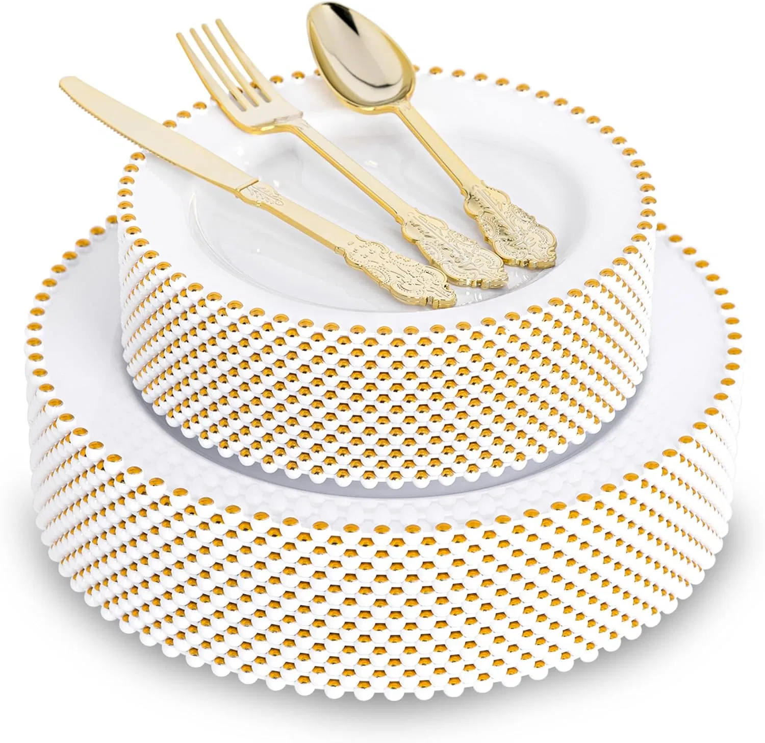 Premium Plastic Dinnerware Set with Gold and White Beaded Design