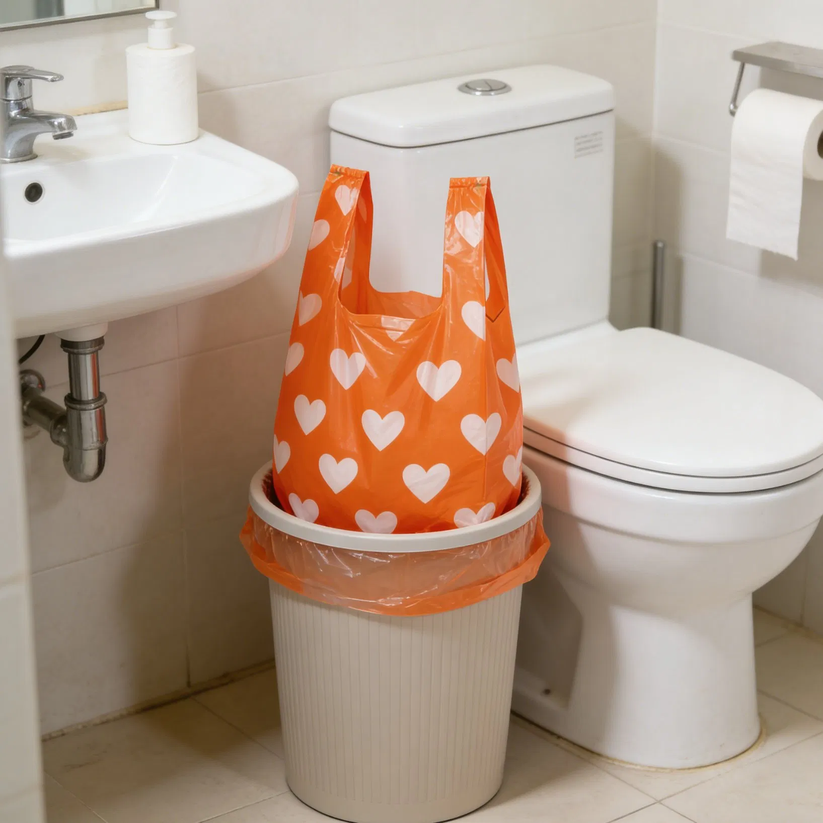 Прочные оранжевые мешки для мусора с сердечками