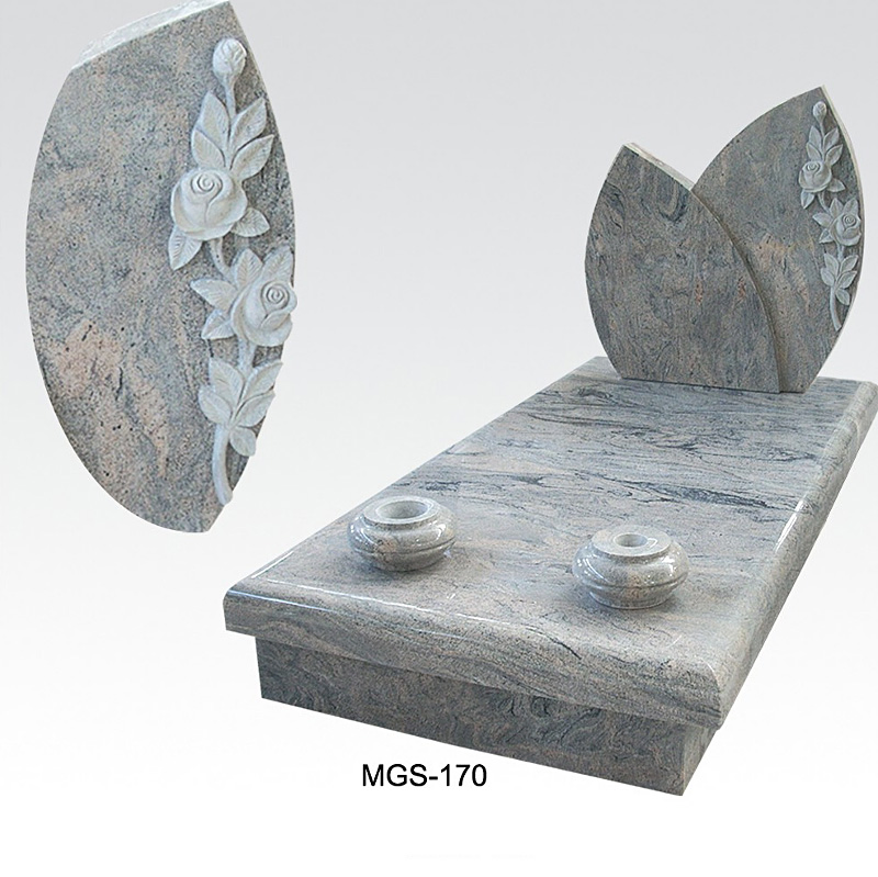 Red Granite Headstone with Flower Carving and Vase