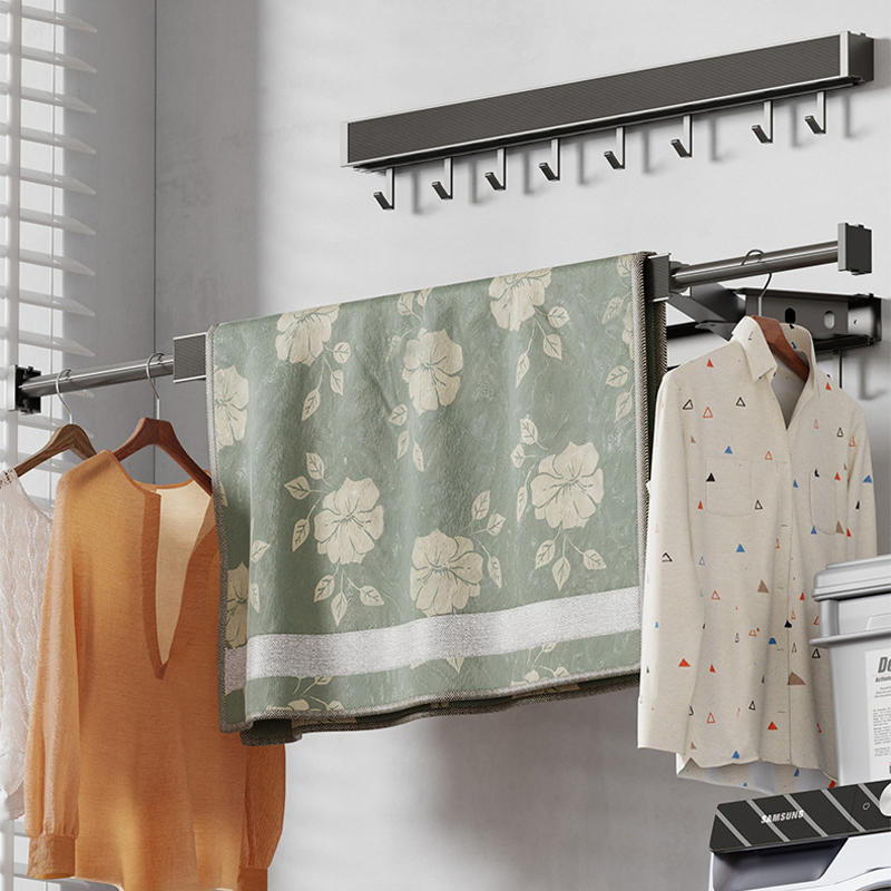 Sanipro Balcony Folding Space Saver Clothes Drying Rack Laundry Hanger No-Drilling Wall-Mounted Telescopic Clothes Drying Pole