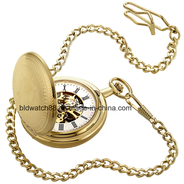 Custom Made Full Hunter Antique Gold Mechanical Pocket Watch for Men