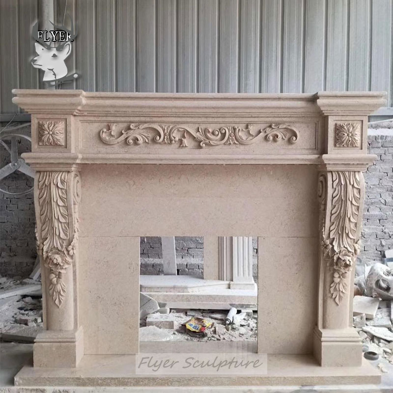 China Factory Wholesale Natural Marble Fireplace Mantel Surround with Stone Carving Flowers