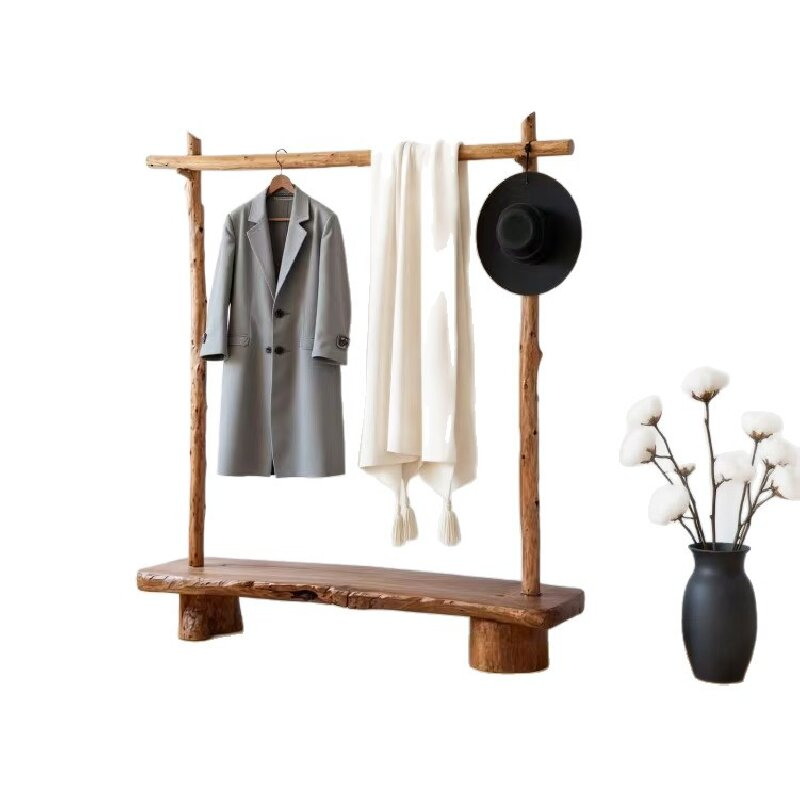Wabi-Sabi Solid Wood Clothes Rack/Floor-Standing Log Garment Display Rack