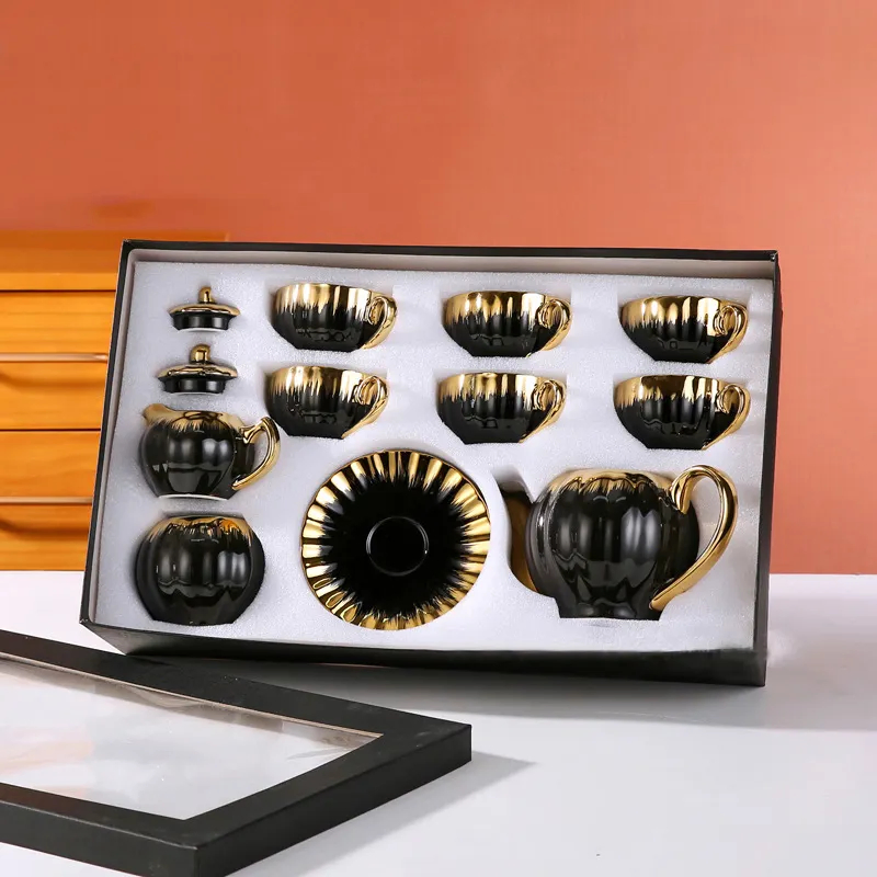 Factory Hot Sell Luxury 15 Pieces Tea Set European Ceramic Coffee Set Gold Plated Teapot Set with Cups Saucer Sugar Bowl Milk Creamer in Gift Box