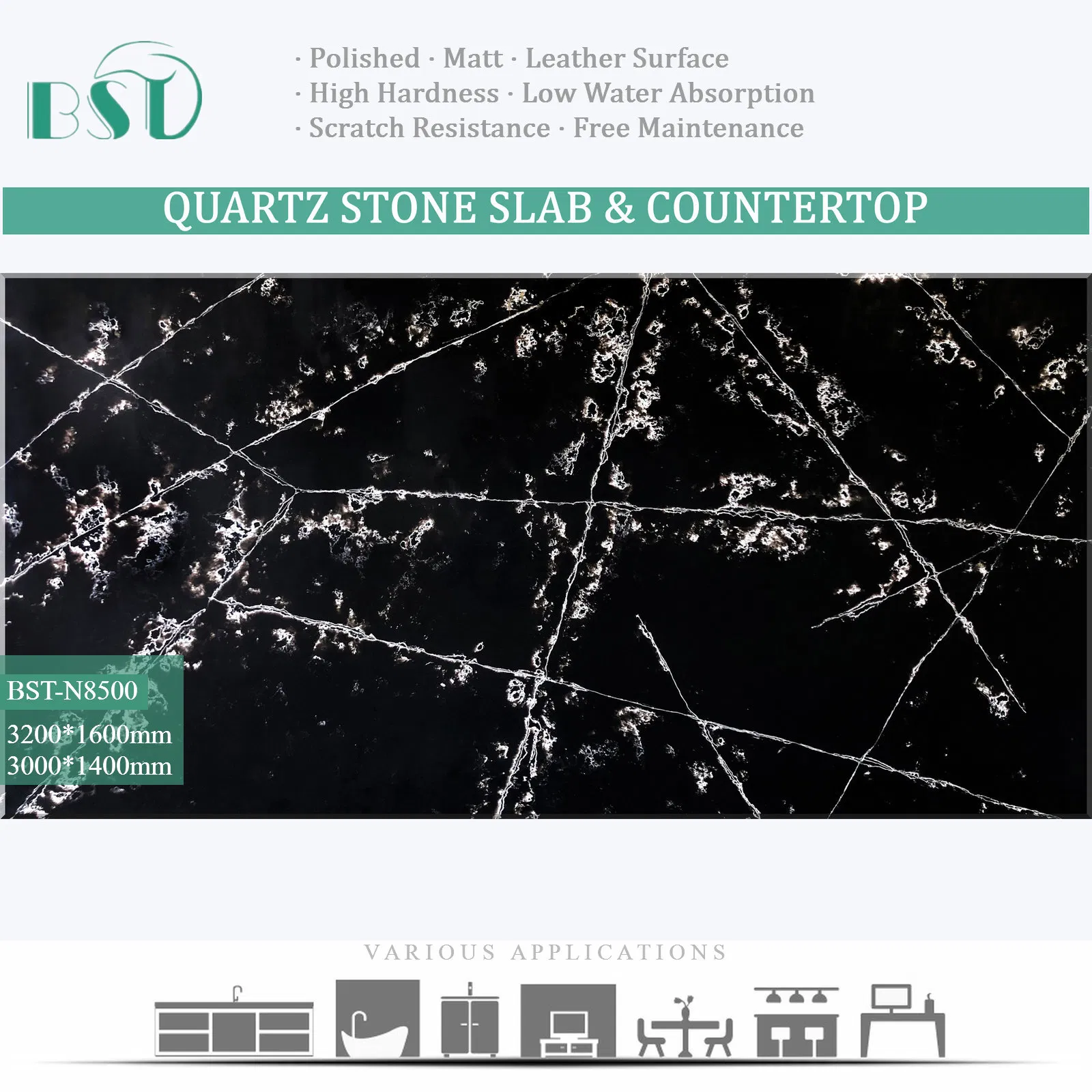 Engineered Pure Black Calacatta Silica Free Stone Surface Kitchen Countertop