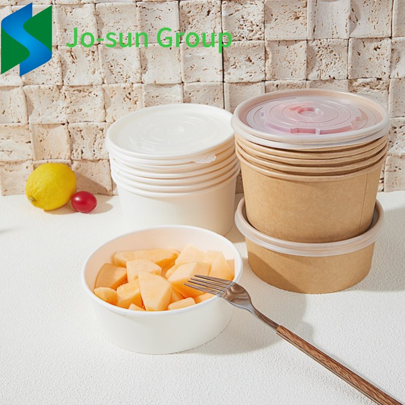 Jo-Sun Eco Friendly Disposable Kraft Paper Soup Bowl Biodegradable Take Away Food Container Salad Box Bowl Coated with Lid