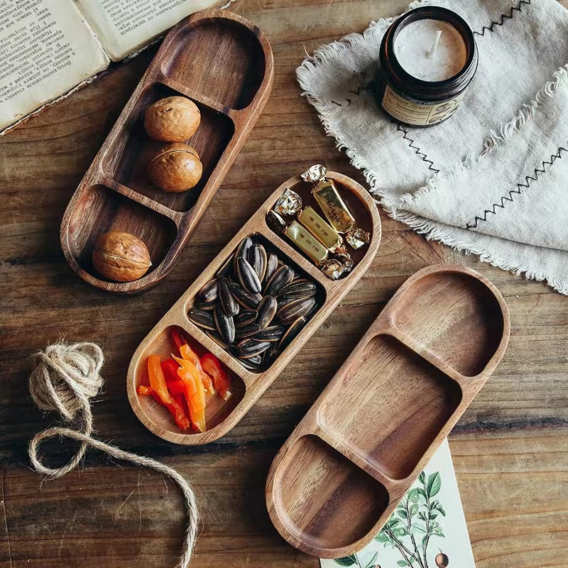 Retro Restaurant Wooden Dipping Plates Divided Three Compartments Oval Sauce Vinegar Snack Tray