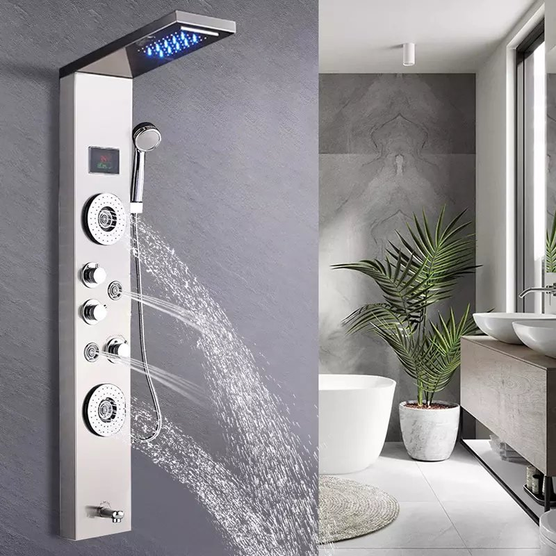 LED Shower Panel Bathroom Wall Mounted Stainless Steel Waterfall Brushed Shower Head Column Set Tower Massage Jets LED Shower Panels