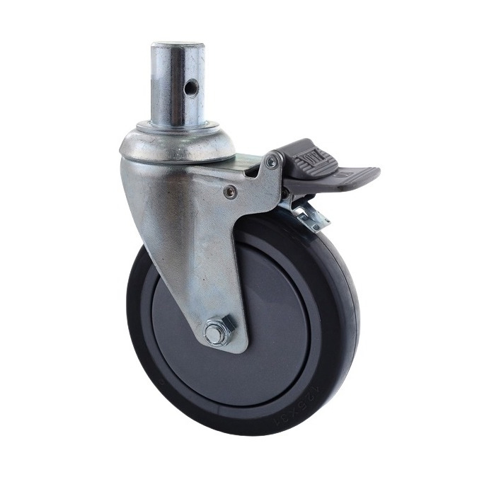Low Noise Steel and Nylon PA6 Swivel Single Wheel Caster, High Load-Bearing Capacity Cycl Trundle with Total Brake and Round Stem