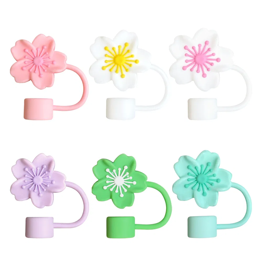 Silicone Sakura 3D Straw Cap Set of 6 Straw Accessories, Suitable for 10mm Straws, Reusable Gift