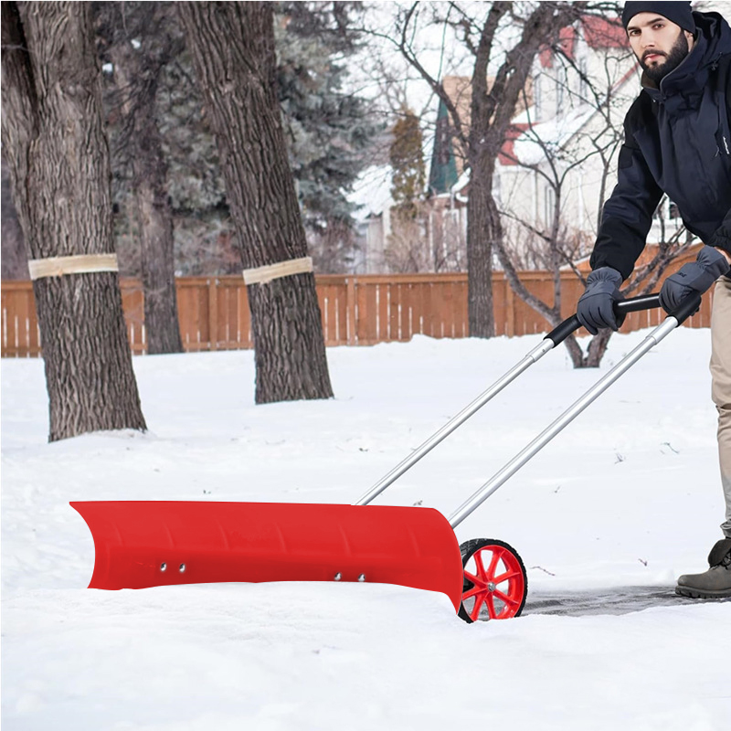 Snow Pusher Shovel with Wheels for Driveway, 37 Inch Bi-Directional Heavy Duty Plastic Snow Pusher on Wheels Rolling Snow Shovel