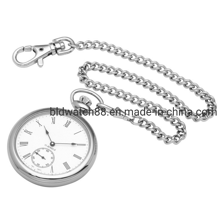 Best Open Face Mens Silver Quartz Pocket Watch with Chain