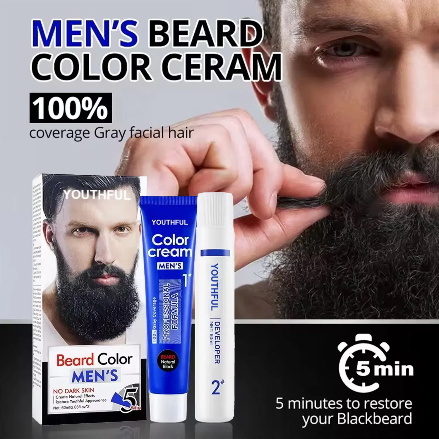 Natural Men Cover Gray Hair Beard Color Cream Black Developer